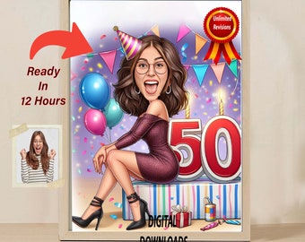 Custom 50th Birthday Caricature for Women , Unique Personalized Gift Idea ,Personalized 50th Birthday Caricature for Women ,Birthday Cartoon