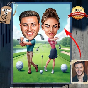 Custom COUPLE GOLF Caricature Portrait From Your Photo , Golf Player CARTOON Portrait Golf Cartoon,Golfer Caricature gift, Golfer Gift