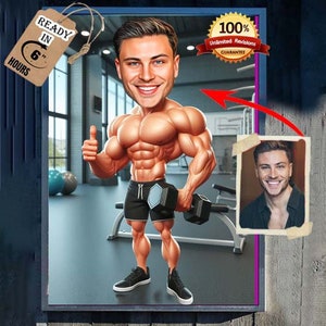 Aangepaste sportschool karikatuur, karikatuur gewichtheffer, sportschool cartoon portret tekening van foto, grappige karikatuur, cadeau voor gewichtheffer