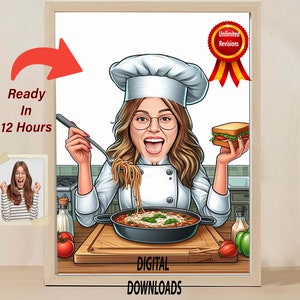 FEMENINA CHEF CARTOON Caricatura Chef Dibujos animados Retrato Chef Regalo Divertido Chef Dibujos animados Chef único Regalo Caricatura personalizada Regalo de chef personalizado