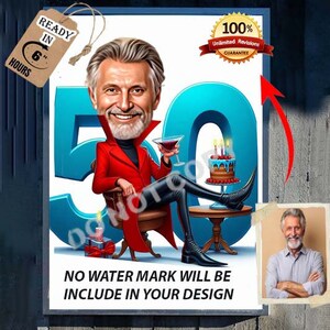 Caricatura PERSONALIZADA DE 50 CUMPLEAÑOS, retrato de dibujos animados de feliz 50 cumpleaños, regalo de caricatura de 50 cumpleaños, caricatura de fotos, regalo para él