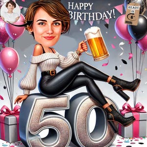 Caricatura de 50 cumpleaños / Retrato divertido para él y para ella / Dibujo animado digital personalizado / Regalo único para personas de 50 años / Arte de cumpleaños importante
