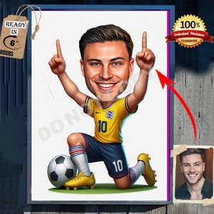 Personalisiertes Fußballspieler-Karikatur-Porträt, kundenspezifische Fußballspieler-Karikatur-Zeichnung vom Foto, lustiges Fußballspieler-Karikatur-Geschenk für Ihn