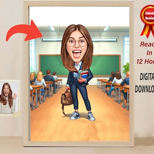 Caricatura personalizada de profesora de dibujos animados de profesora de regalo fotográfico para profesora, retrato de profesora, caricatura única y divertida de profesora