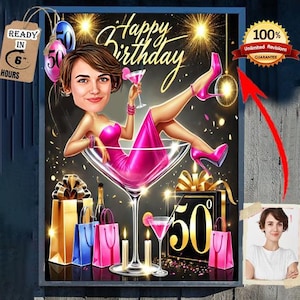Tarjeta de cumpleaños número 50 con caricatura femenina personalizada: descarga digital, retrato de dibujos animados personalizado, regalo divertido para ella, mamá, esposa, hermana