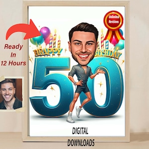 Caricatura de 50 cumpleaños BasketBalll Caricatura de cumpleaños Regalo de cumpleaños para hombre Esposo Mujer Caricatura de foto Cumpleaños personalizado
