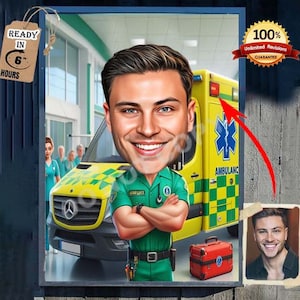 Retrato de caricatura de paramédico personalizado, regalo para médico, dibujo de ambulancia personalizado a partir de una foto, regalo divertido para paramédico, técnico en emergencias médicas, enfermero