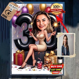 Caricatura regalo per il 30° compleanno, cartone animato da foto, caricatura di buon compleanno, disegno per il 30° compleanno, regalo di compleanno personalizzato
