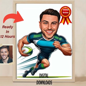Disegno di cartone animato di caricatura di rugby personalizzato da foto Ritratto di rugby regalo per uomo Regalo unico di football americano Regalo di caricatura di compleanno per lui