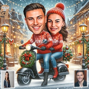 Custom Christmas Scooter Couple | Custom Xmas Vespa Caricature | Vespa | Personalized Scooter Caricature | Gift for Vespa Lovers | Lambretta
