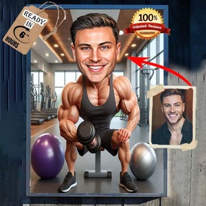 Caricatura di cartone animato di fitness in palestra personalizzata, disegno di caricatura di palestra da foto, caricatura divertente, caricatura di sollevatore di pesi, regalo per sollevatore di pesi