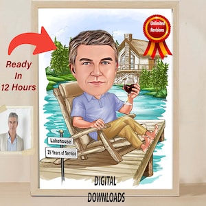 Caricatura de jubilación Dibujo de dibujos animados de foto Regalo de jubilación Retrato de jubilación Retrato digital personalizado Regalo digital para la jubilación