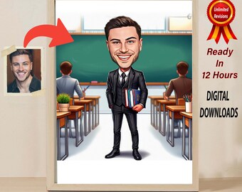 Personalized Teacher Caricature Portrait, Custom Drawing from Photo (Digital Download)