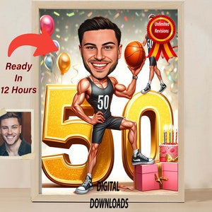 Caricatura de 50 cumpleaños BasketBalll Caricatura de cumpleaños Regalo de cumpleaños para hombre Esposo Mujer Caricatura de foto Cumpleaños personalizado