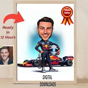 REDBULL F1 Racing Caricatura Racing Bomber F1 Dibujo de dibujos animados de Photo Racer Regalo para los fanáticos de los pilotos de carreras Jugadores Coches deportivos Artes únicas