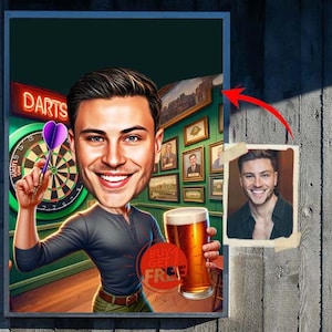 JOGADOR DE DARDOS personalizado CARICATURA DE DESENHO CARICTURA DE DARDOS PERSONALIZADA CARICTURA ENGRAÇADA, Presente para amigo bebedor, bar, cerveja, dardo