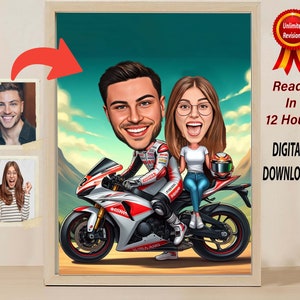 CARICATURA DE PAREJA DE MOTORISTA personalizada Fantástico montar en las carreteras Perfecto para entusiastas de las motocicletas Dibujos animados y aventureros Decoración de pared única