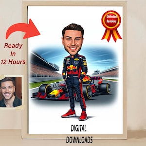 REDBULL F1 Racing Karikatur Racing Bomber F1 Cartoon Zeichnung vom Foto Racer Geschenk für Rennfahrer Liebhaber Fans Spieler Sportwagen Einzigartige Künste