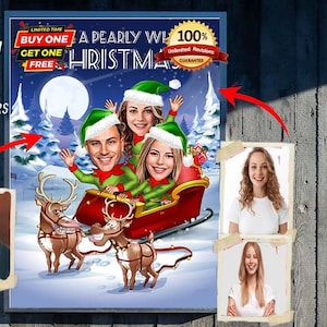 Caricatura di Babbo Natale in famiglia, regalo da foto, cartone animato personalizzato per la famiglia, biglietto di auguri per la famiglia, regalo di Natale unico, idea regalo per la famiglia di Natale