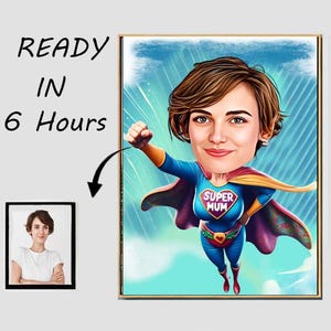 Desenho animado personalizado para o dia das mães, retrato para o dia das mães, supermãe personalizada, desenho de caricatura, caricatura engraçada, presente para a mãe, super-herói