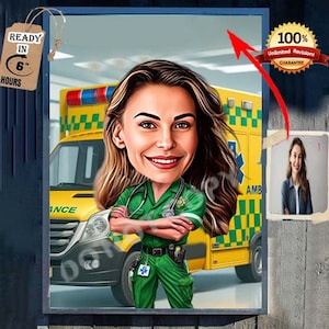 Karykatura portretu ratownika medycznego, prezent dla medyka, niestandardowy. Karetka pogotowia rysunkowa ze zdjęcia, zabawny prezent dla ratownika medycznego, EMT, pielęgniarki