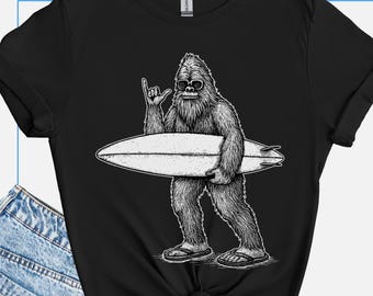 Funny Bigfoot Surfer Shirt, Sasquatch Surfershirt, Surfer Aesthetic T Shirt, Surfer Vibe Tee, Surfer Gift Shirt, Hang Ten Shaka Sign Shirt