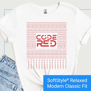 May include: White t-shirt with a red "CODE RED" graphic design. The graphic is surrounded by a pattern of 0s and 1s, resembling binary code.