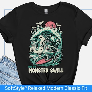 Skeleton Surfer Halloween Shirt, Ride The Monster Swell Tee, Summerween Surf T Shirt, Gothic Skeleton Beach Tshirt, Spooky Shirt Gift