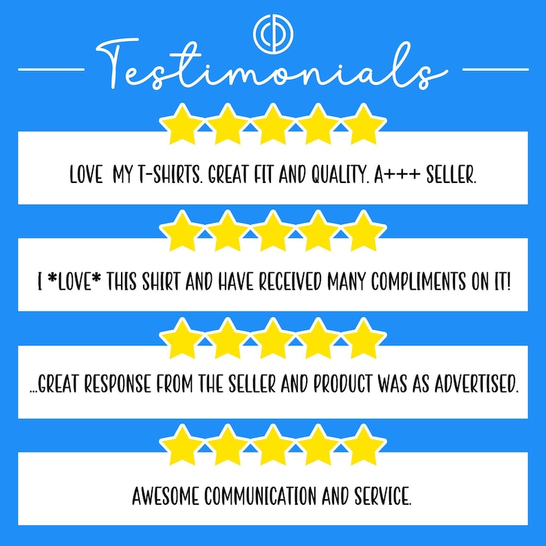 Puede incluir: Fondo azul con rect&aacute;ngulos blancos que contienen testimonios de clientes. El texto incluye frases como "LOVE MY T-SHIRTS. GREAT FIT AND QUALITY" y "AWESOME COMMUNICATION AND SERVICE."