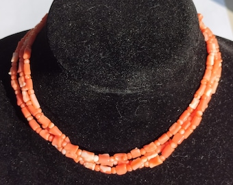 Collar vintage de 3 hebras de coral de piel de ángel natural, cierre de plata, Japón, 38 cm, 37,75 g