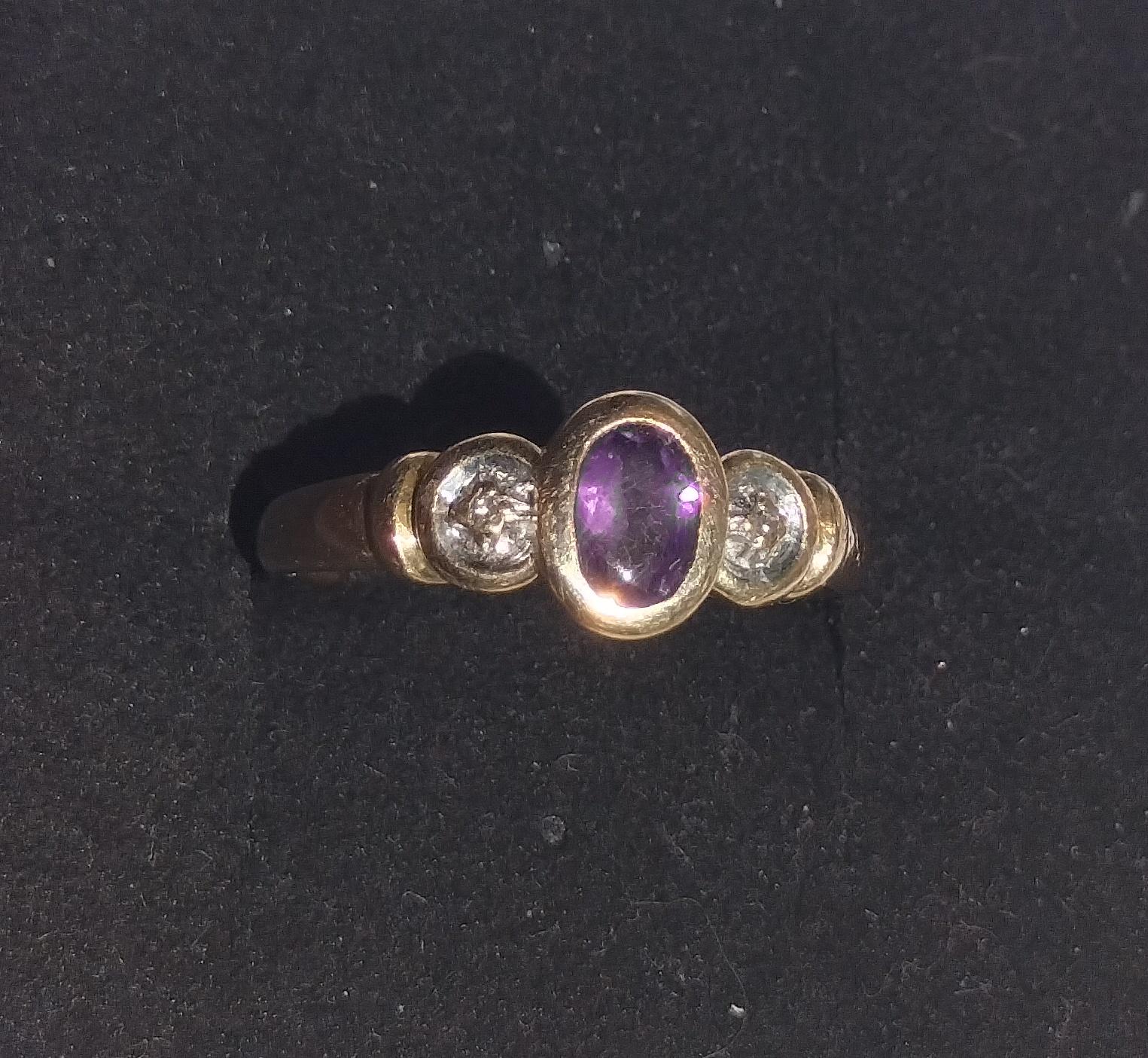 Vintage Angus Coote Signed Ring, Amethyst and 2x Diamonds