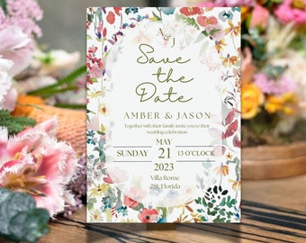 Flower Wedding Invitation, Garden Flowers Wedding Invitation Template, Colorful Spring Floral Printable Elegant EDITABLE Download