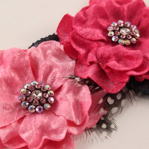 Pink Velvet and Rhinestone Flowers 2 pcs Feathers, Millinery, Altered Couture, Hair Flowers Embellishment image 1