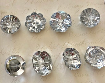 Rhinestone buttons faux vintage glass set of 8 different silver embellishments flower, rose, emerald cut