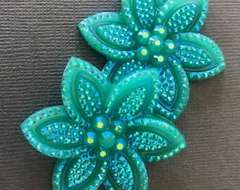 2 Resin Flowers Large Blue Turquoise AB Focal Pendant Aurora Borealis Embellishment, Scrapbooking, Jewelry Design, Bobby Pin