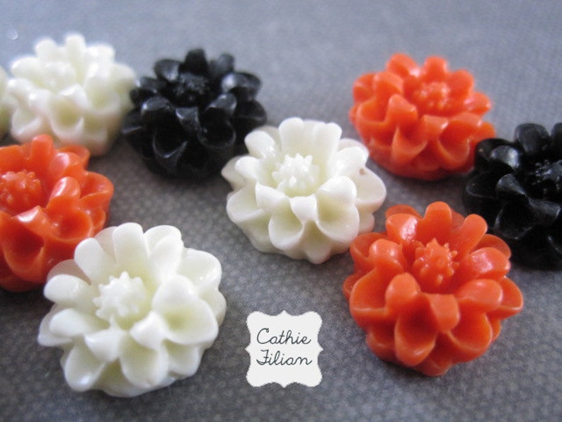 Halloween cabochon Resin Flower Black, Orange, White Scrapbooking, Jewelry Design, Bobby Pin Supply image 1