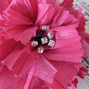 Hot Pink Fabric Flower Silk Rhinestone, Millinery, Hat, Hair Pin image 3