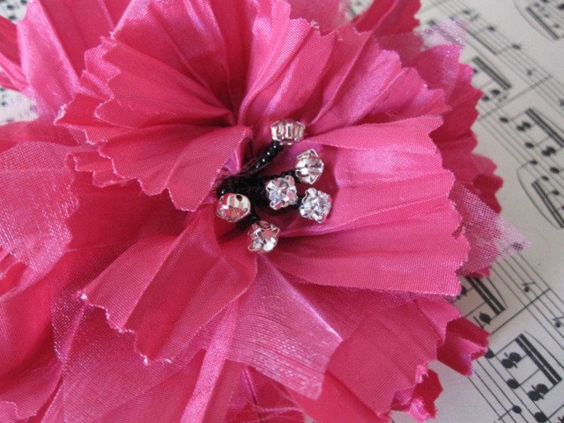 Hot Pink Fabric Flower Silk Rhinestone, Millinery, Hat, Hair Pin image 3