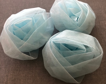 Blue Gathered Roses - 3 Fabric Flowers - Hat, Millinery, Hair Flowers, Cosplay, Costume Design, Kawaii Pin Supplies Supply