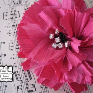 Hot Pink Fabric Flower Silk Rhinestone, Millinery, Hat, Hair Pin image 1