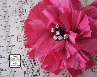 Hot Pink Fabric Flower Silk Rhinestone, Millinery, Hat, Hair Pin