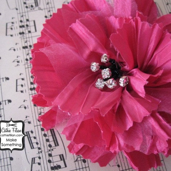 Hot Pink Fabric Flower Silk Rhinestone, Millinery, Hat, Hair Pin
