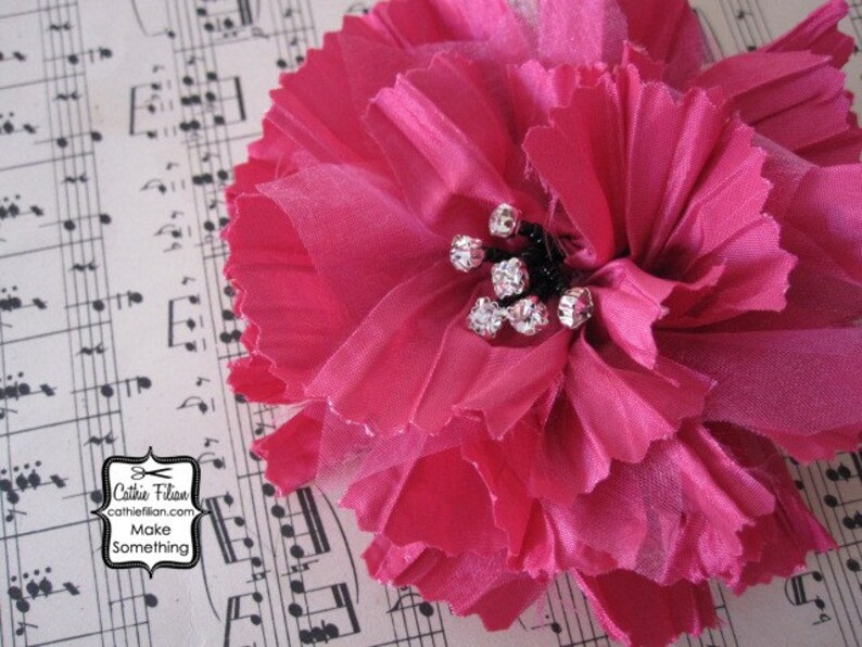 Hot Pink Fabric Flower Silk Rhinestone, Millinery, Hat, Hair Pin image 1