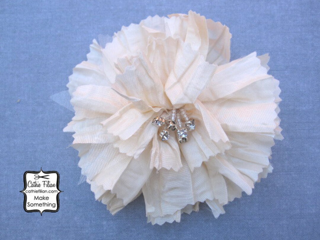 Ivory Silk Flower Fabric and Rhinestone Millinery, Hair Flower HAT Pin Sewing Embellishment Etsy