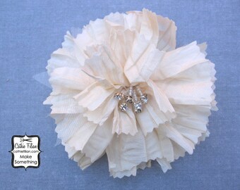 Ivory Silk Flower Fabric and Rhinestone Millinery, Hair Flower HAT Pin sewing embellishment