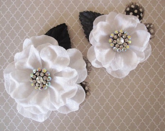 White Velvet and Rhinestone Flowers  - 2 pcs - Feathers, Millinery, Altered Couture, Hair Flowers - Embellishment