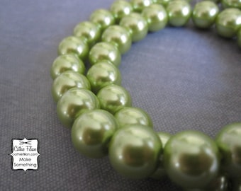 Lime Green Pearl Beads - 1 strand, 16" inches of Pearls - 10mm - Glass - pastel, Kawaii, Cosplay, Costume, Jewelry, Supplies, Supply