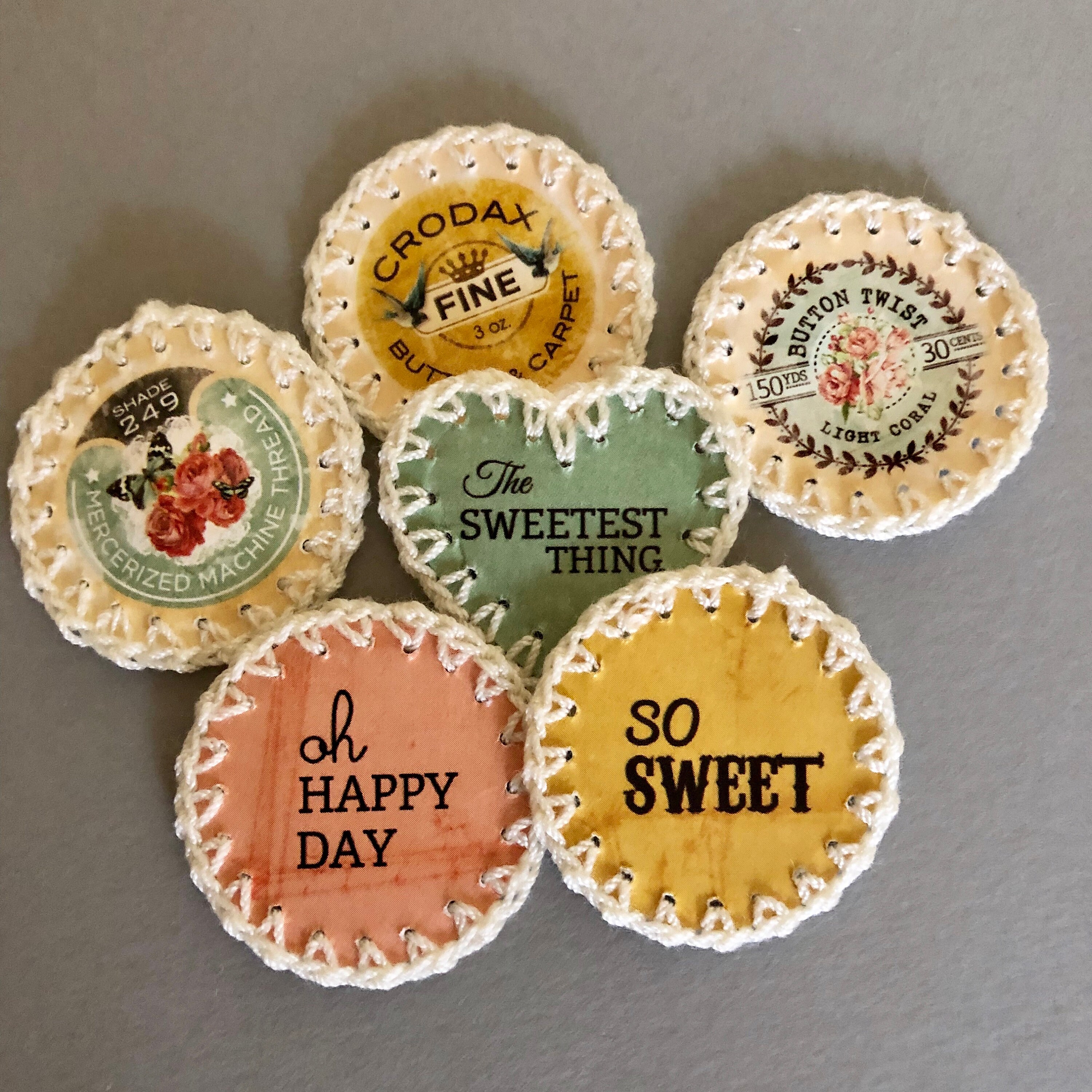 Crochet Bottle Cap Embellishments 6 pcs Scrapbooking Etsy