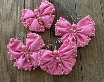 4 Pink Silk Butterfly Flowers Beaded Embellishments - Millinery, Hair Flowers, Pins, Bows, Sewing Appliqué, Kawaii, Cosplay, Costume