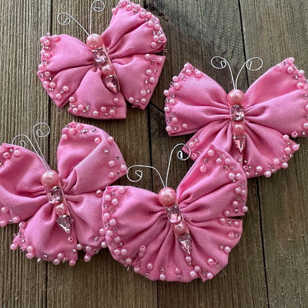 4 Pink Silk Butterfly Flowers Beaded Embellishments - Millinery, Hair Flowers, Pins, Bows, Sewing Appliqué, Kawaii, Cosplay, Costume